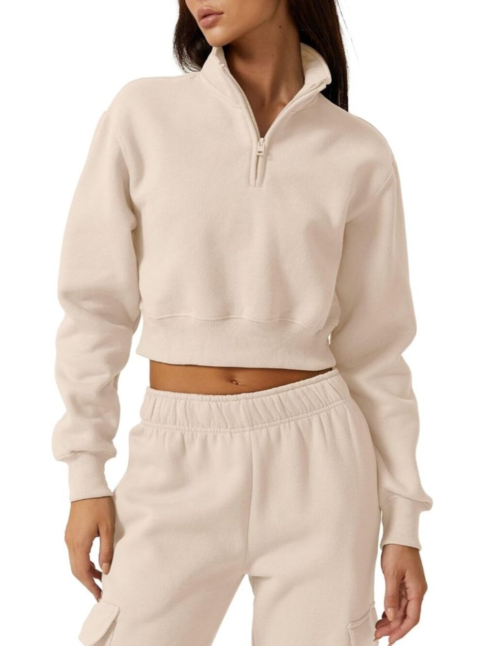 Women's Beige Solid Fleece High Neck Half Zip Pullover Cropped Top Sweatshirt